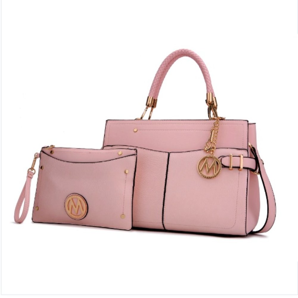 Satchel Handbag With Wallet Vegan Leather Crossover Women's Purse Pink